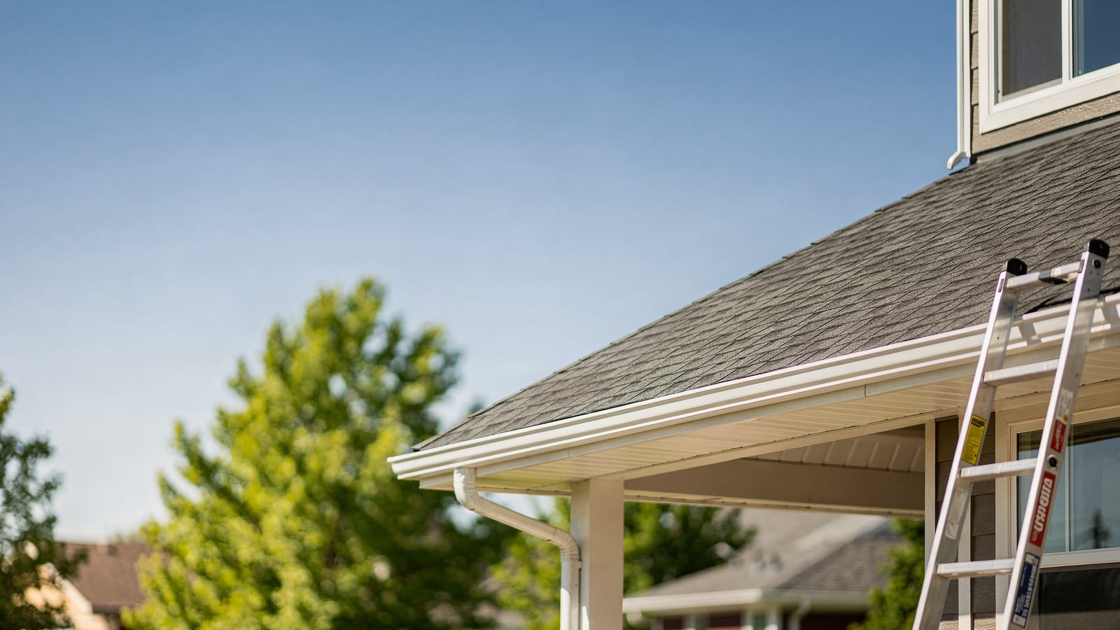 A clean asphalt-shingle roofline on a Highlands Ranch home with a new gutter and an inspection ladder against a clear Colorado sky