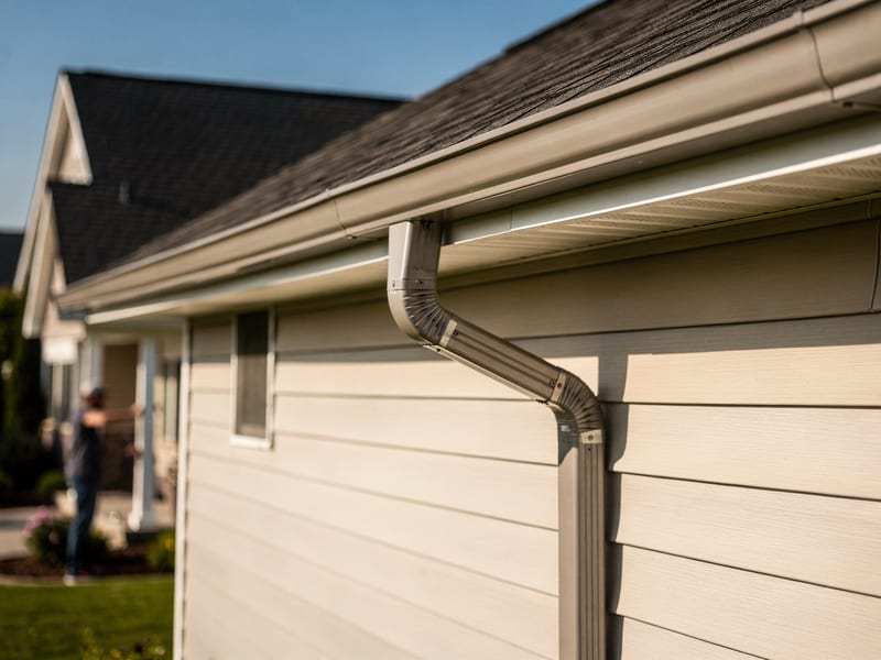 New seamless gutters running along a suburban roofline directing water away from the home