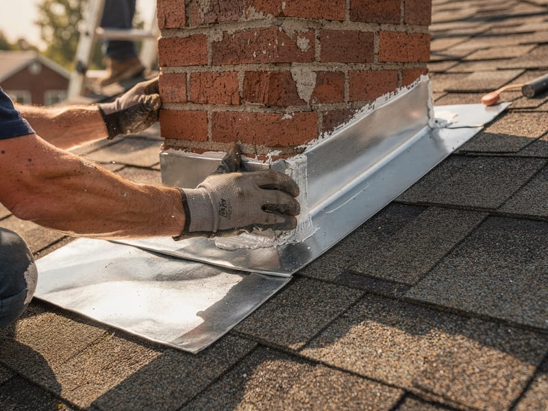 A roofer's hands sealing flashing around a brick chimney on a shingle roof in bright daylight