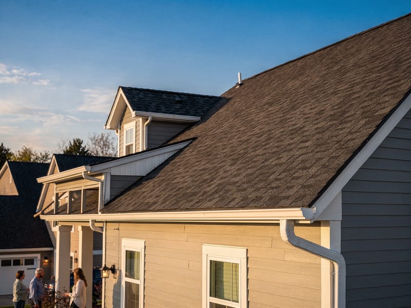 A freshly installed asphalt-shingle roof with crisp ridge lines against a blue Colorado sky